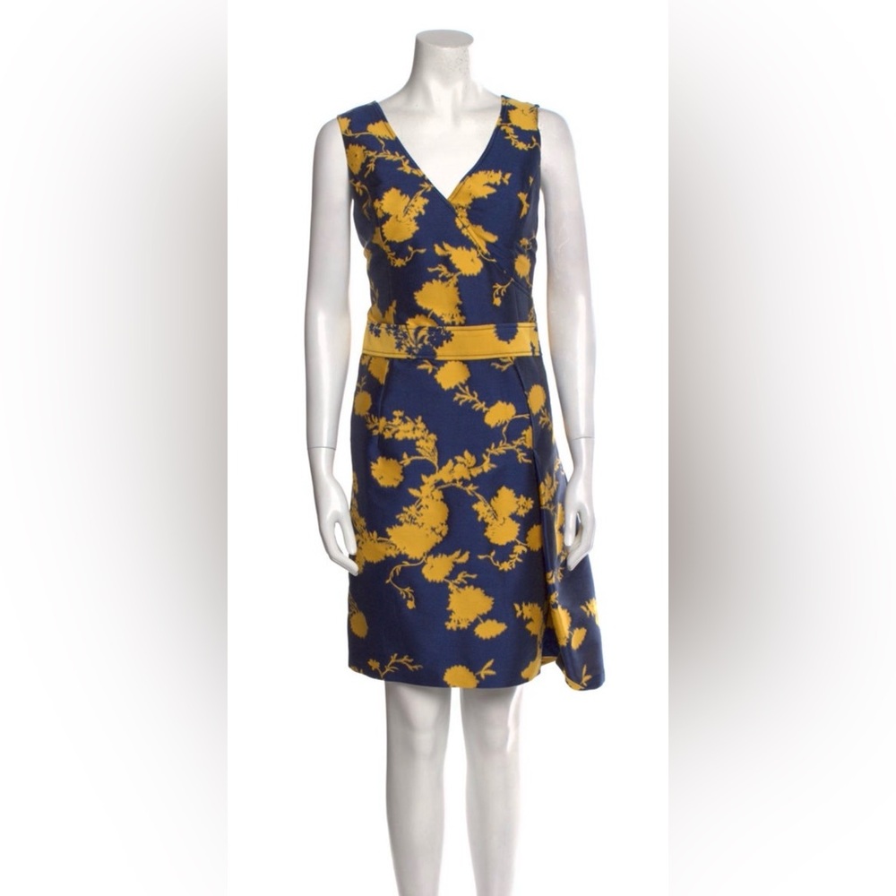 $2,300 Carolina Herrera A-Line Fit Flare Dress Navy Yellow Gold V-Neck 10 12